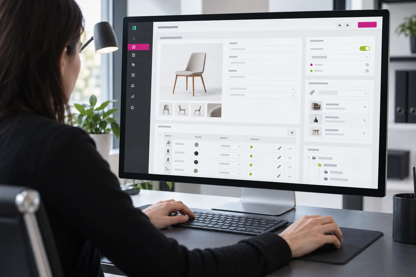 Interfaccia dimostrativa di un CMS con scheda prodotto, varianti e campi organizzati.