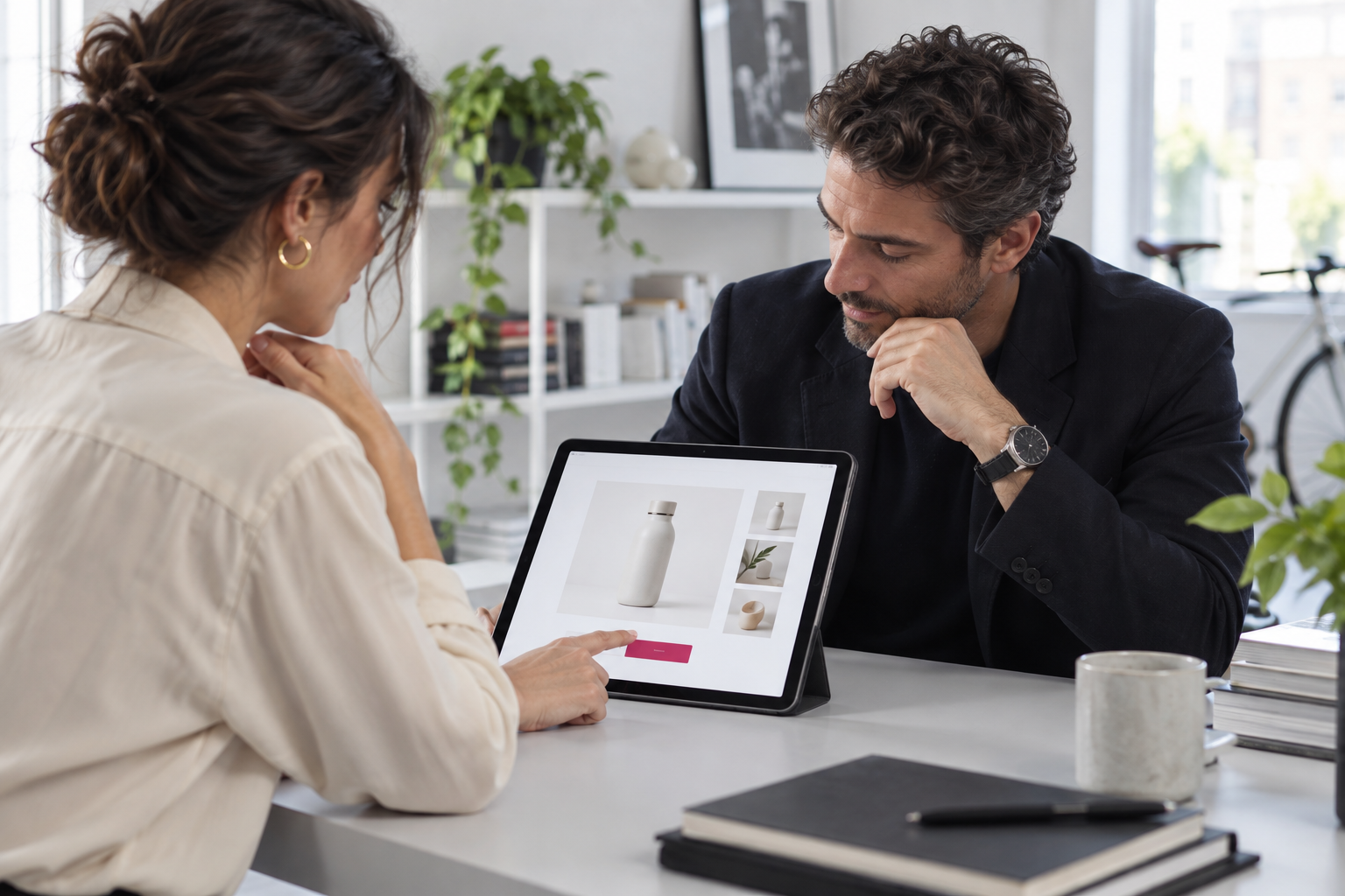 Due persone valutano insieme una scheda prodotto dimostrativa su un tablet prima di prendere una decisione d'acquisto.