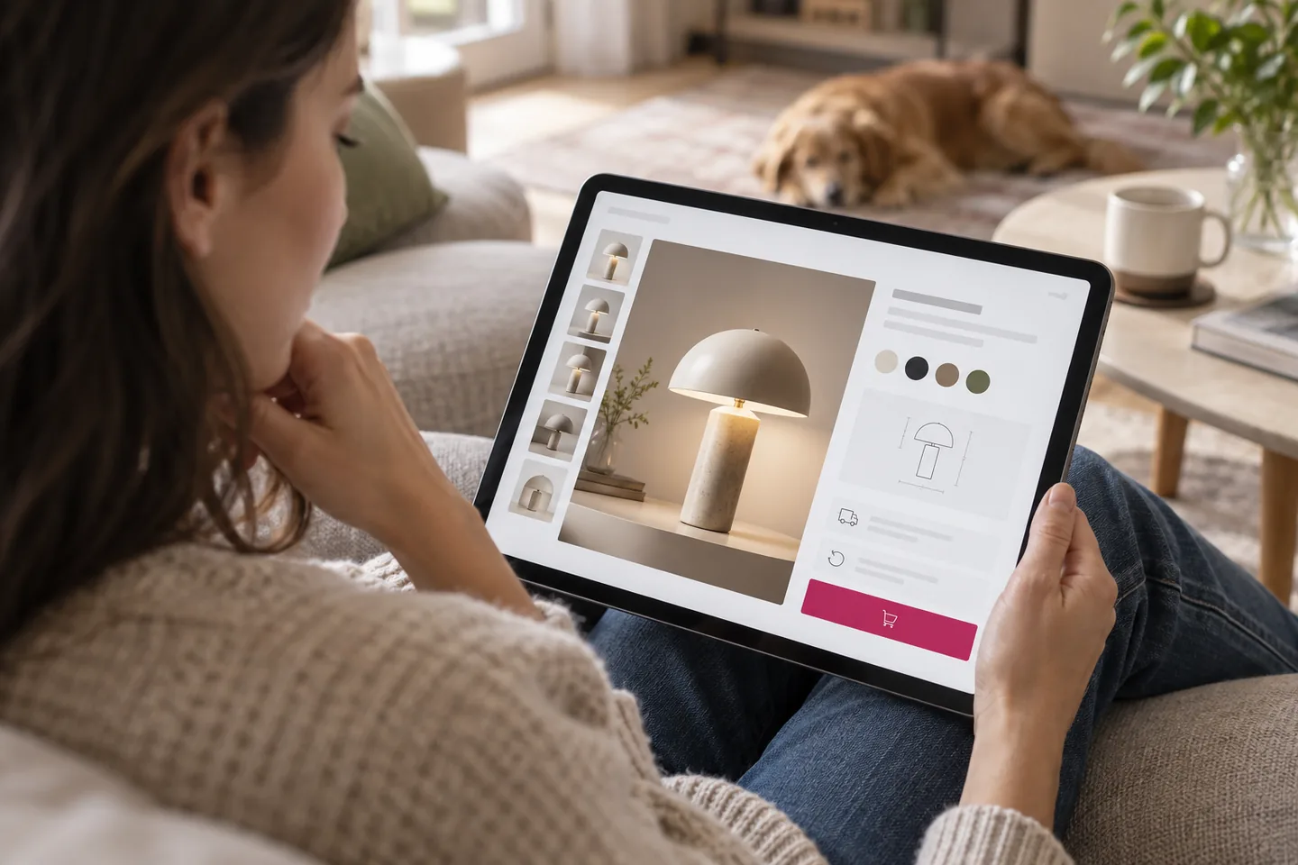 Una persona confronta finiture, dimensioni e condizioni d'acquisto nella scheda prodotto dimostrativa di un e-commerce.