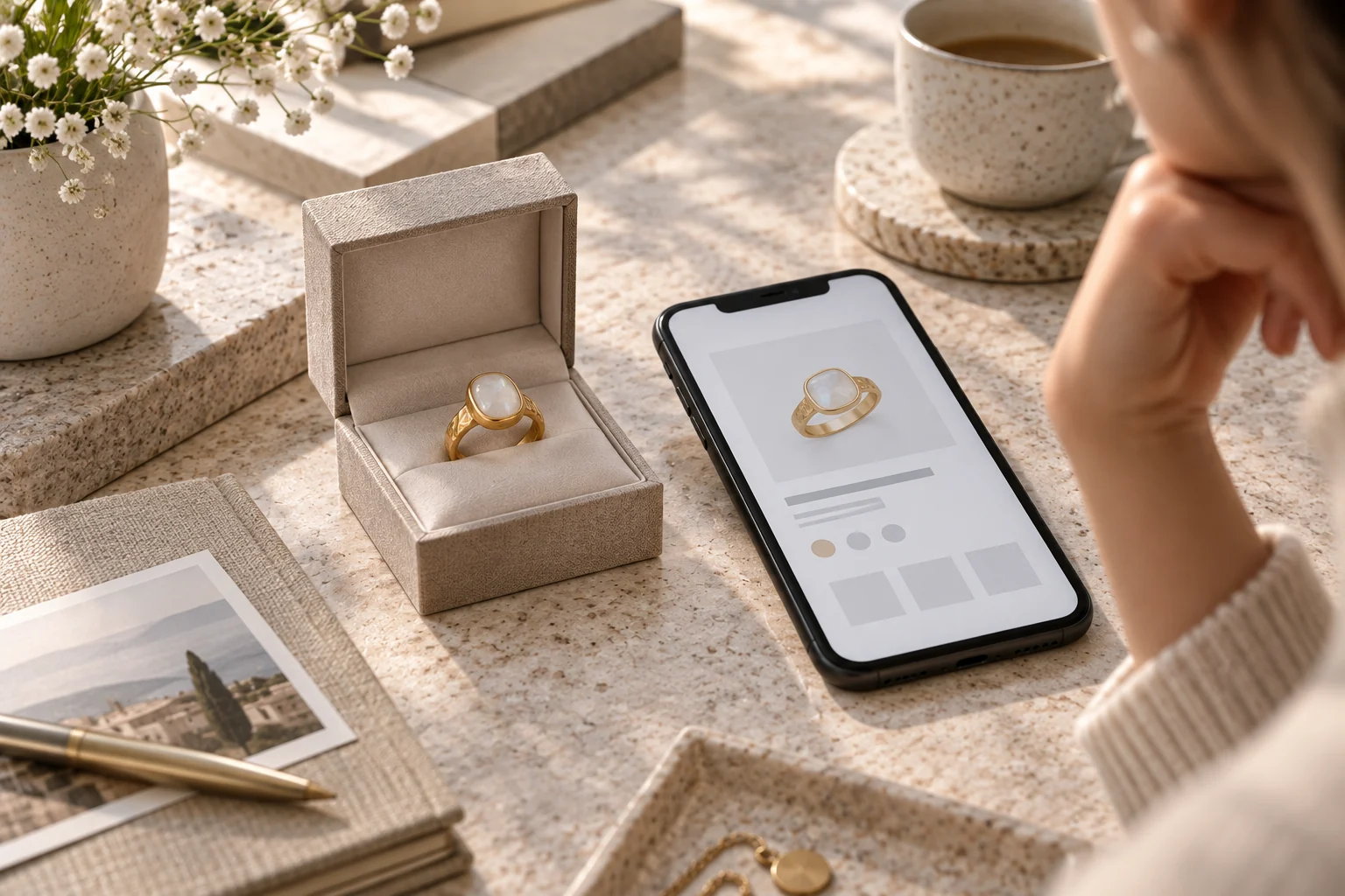 Anello con pietra chiara accanto a una scheda prodotto astratta su smartphone e una mano in attesa.