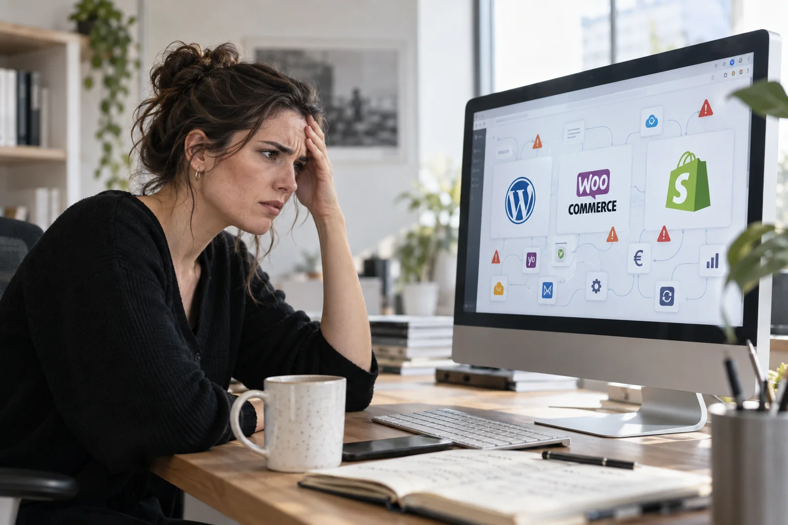 Professionista preoccupata davanti a un monitor che mostra WordPress, WooCommerce e Shopify