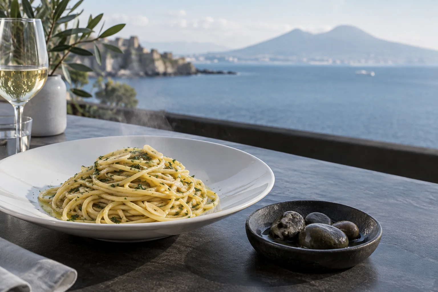 Spaghetti alle vongole fujute senza molluschi, con pietre di mare rimosse e Vesuvio sullo sfondo