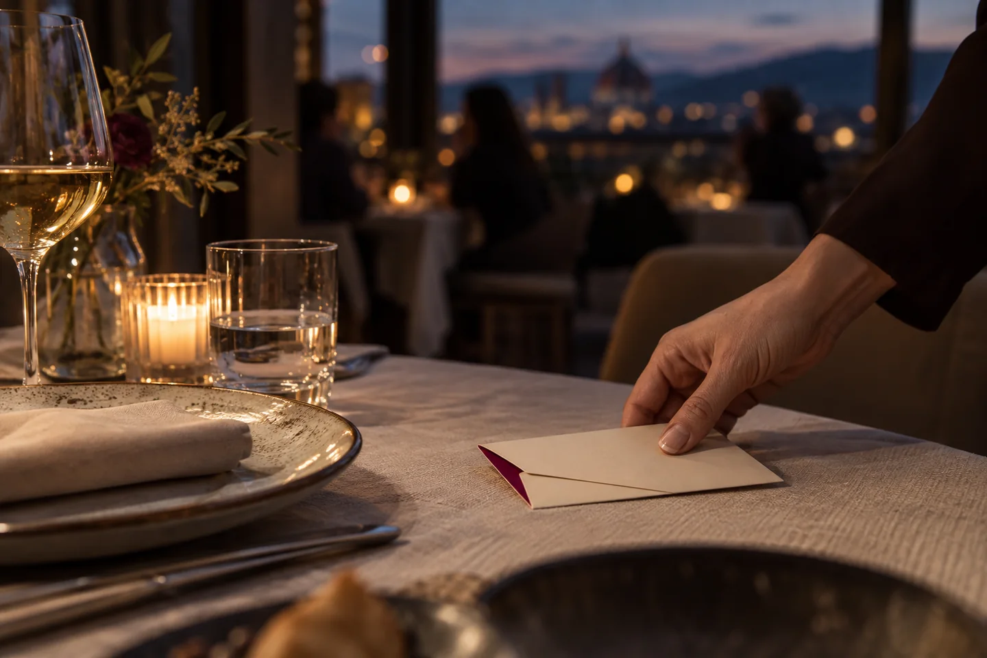 Tavolo di ristorante al tramonto con una busta regalo: un richiamo alle gift card del locale.