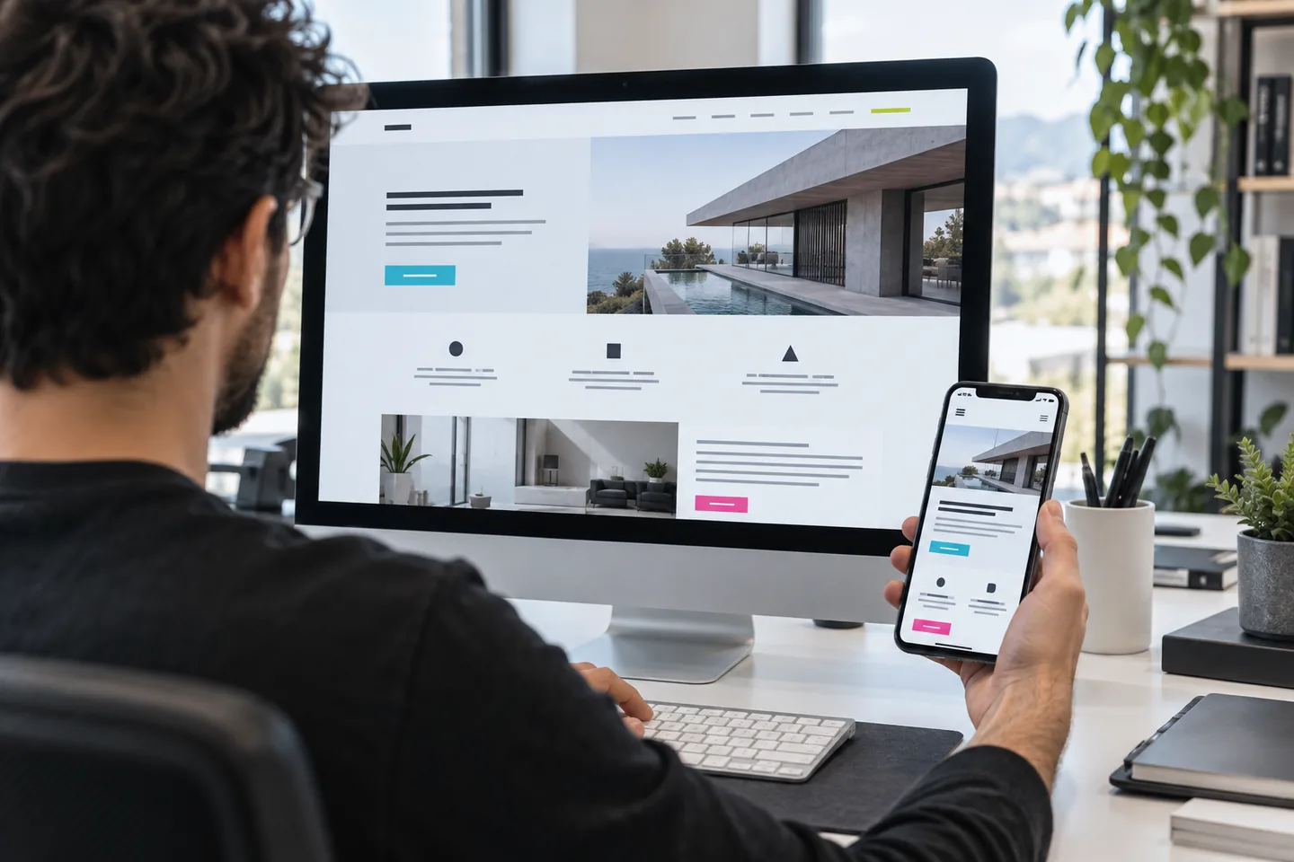 Un progettista controlla la versione desktop e mobile di un sito web aziendale dimostrativo.